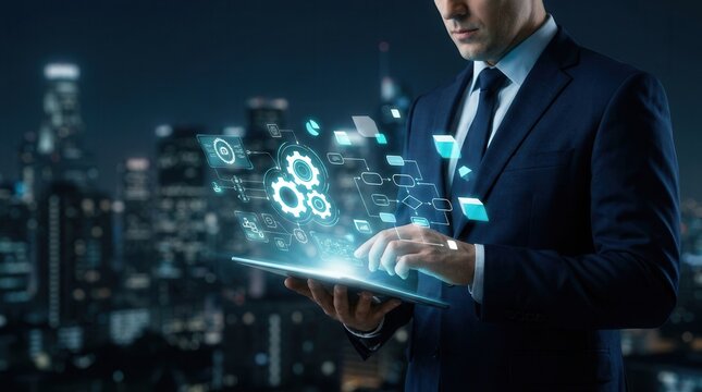 A businessman managing technology alignment and system unification through digital transformation tools.