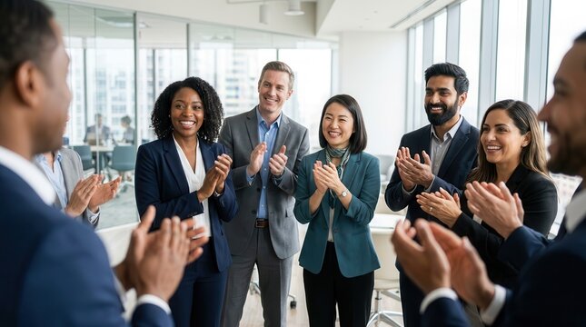 Corporate teamwork and business achievements showcased by a diverse group of smiling professionals applauding.