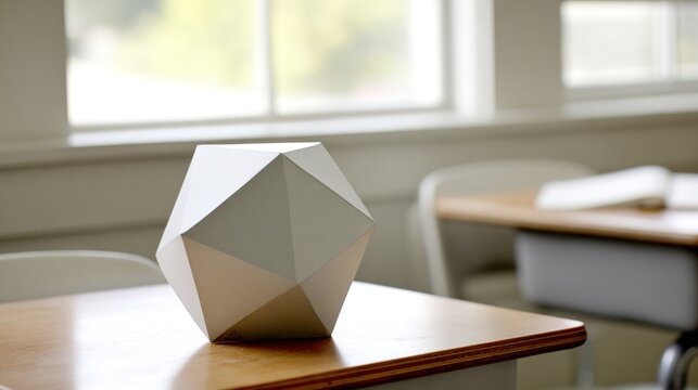 icosahedron. Wooden desk with icosahedron model in classroom, soft natural light from window. STEM education sheets, lab safety posters, designed for STEM education and laboratory safety posters.