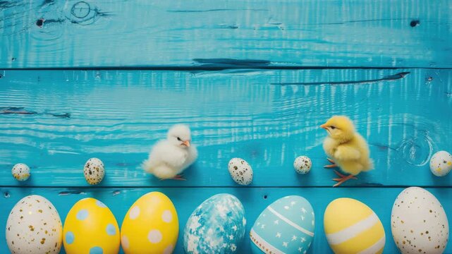 Two fluffy chicks stand on blue wooden planks. Easter eggs lie neatly below, colorful and patterned. Chicks gaze at each other, curious and playful. Natural light enhances soft, warm tones throughout