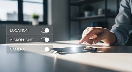Obraz premium User's hand interacts with smartphone privacy settings, managing access to location, microphone, and camera data for enhanced security