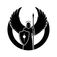 Fototapeta premium Archangel Michael Warrior Silhouette Icon with Wings Shield and Spear Vector Illustration