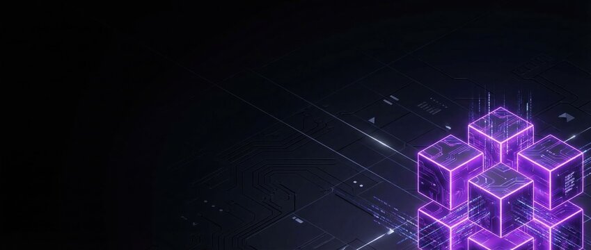 Futuristic cybersecurity data network with glowing purple cube blocks and digital lines