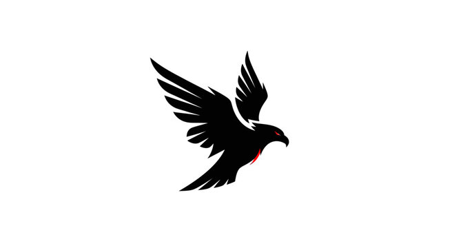 Powerful black eagle silhouette in flight with red eye detail, minimalist bird of prey vector illustration isolated on white