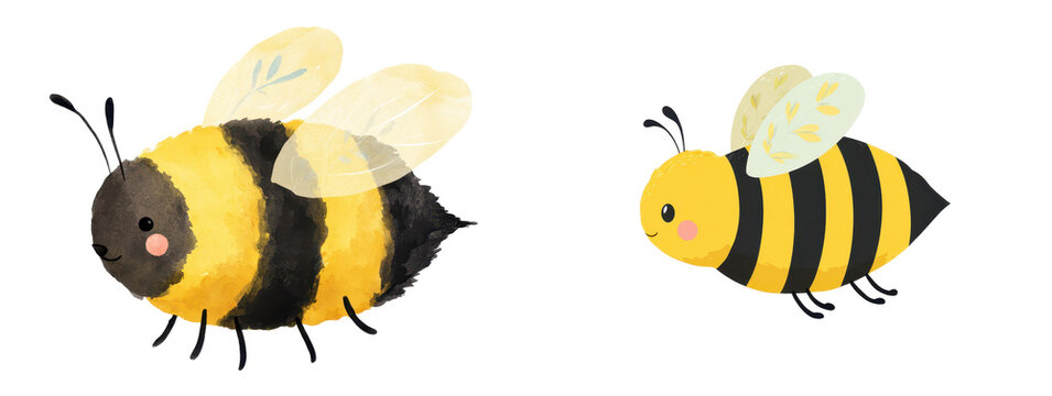 Set of two cute watercolor bee illustrations in yellow and black, hand painted insect characters on black background