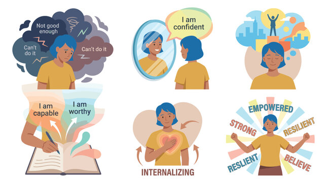 Mental health illustrations show coping with anxiety and stress through therapy and positive affirmations