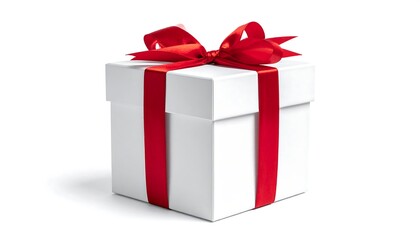 Fototapeta premium White gift box with bright red ribbon bow. Box sits angled on a white backdrop