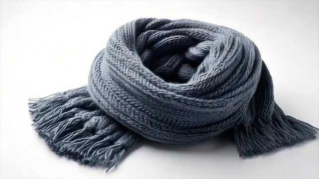 A folded grey knitted scarf with fringe on a white background. Close-up photo with good texture