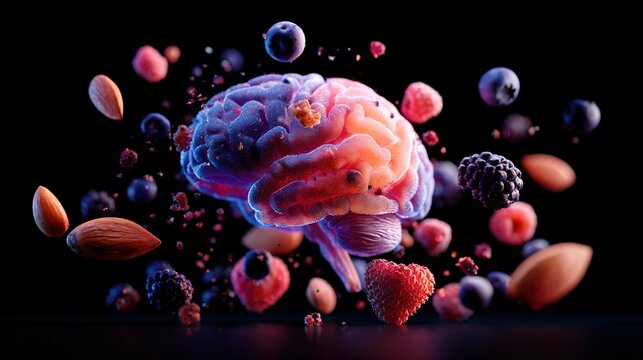 mental. Vibrant glowing brain model surrounded by floating nutritious foods on a dark background. STEM education sheets, lab safety posters, designed for STEM education and laboratory safety posters.