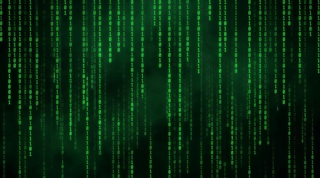 Digital rain of cascading green code on a dark background