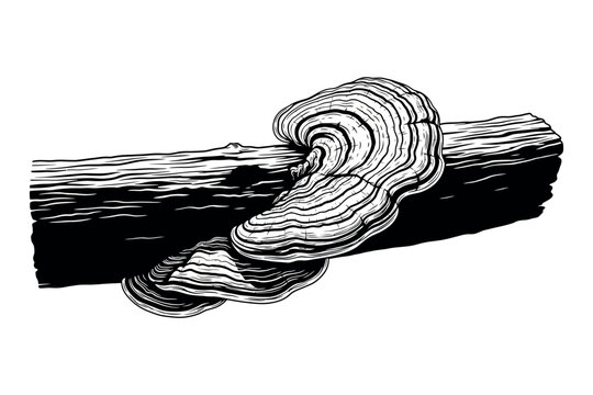 A black and white illustration of a bracket fungus growing on a log with a detailed textured surface and concentric rings