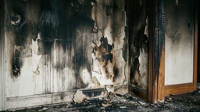 Insurance documentation of residential fire damage and structural destruction for remediation services.
