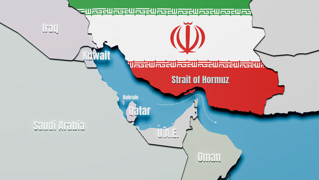 Map of Iran with Iranian flag overlay and the Strait of Hormuz, dotted arrow depicting the strait. Named neighbour countries. English language