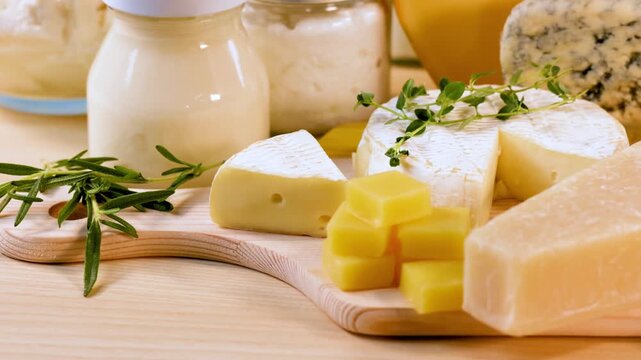 Assorted dairy products including parmesan camembert mozzarella and yogurt on wooden table in cinematic pan motion.