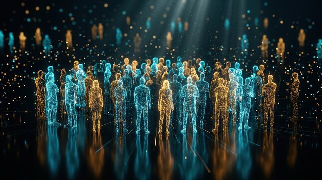 Big data analytics visualization showing a crowded group of glowing digital human figures.