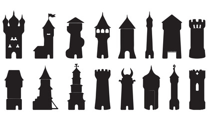 Medieval castle tower silhouettes set, 16 black fortress icons, ancient architecture elements for fantasy maps and historical game design © Madaheen