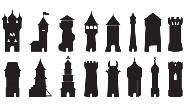 Medieval castle tower silhouettes set, 16 black fortress icons, ancient architecture elements for fantasy maps and historical game design