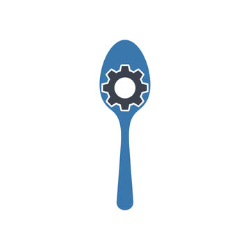 Spoon with gear icon on blue background.