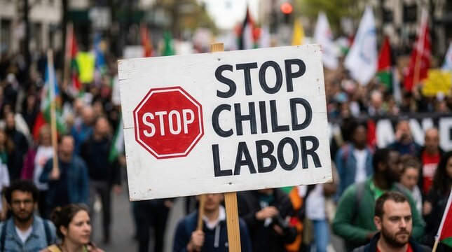Public demonstration for child rights activism with an activist displaying a stop child labor placard.