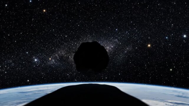 Cinematic rotating asteroid in low orbit with bright sunlight flare above Earth's blue atmosphere horizon