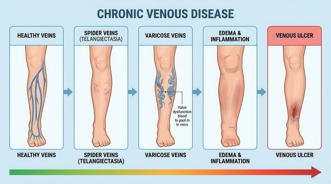 Clinical awareness diagram of chronic venous disease progression and vascular complications.