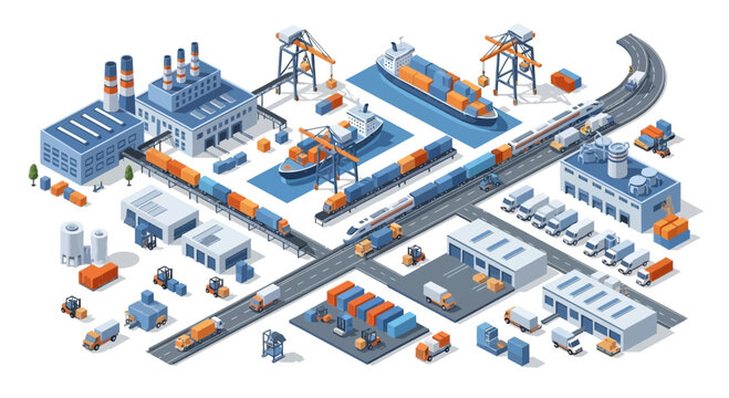 Global Logistics Hub: Ships, Trains, Trucks, and Warehouses in Isometric View