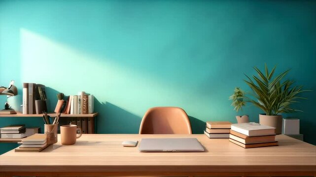 A desk with a laptop, books, and plants sits before a teal wall bathed in sunlight