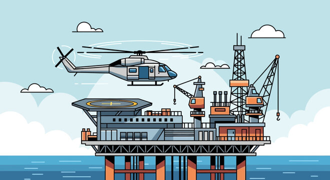 Offshore Oil Rig Platform with Helicopter Landing Pad and Flying Helicopter