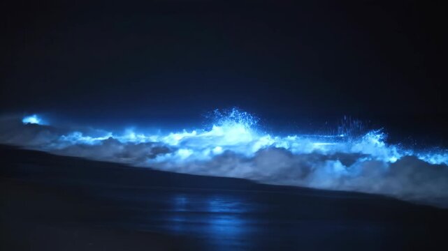Medium wide shot of bioluminescent electric blue waves crashing on dark sandy beach at night
