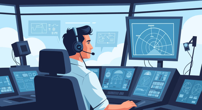 Air Traffic Controller Working in Control Tower with Radar and Screens