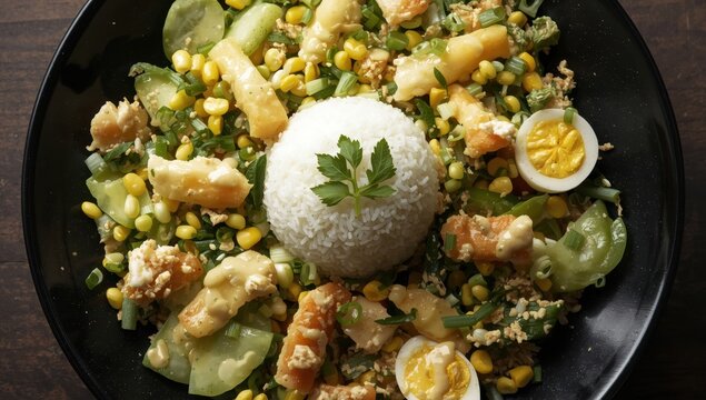 Surimi stick crab salad with corn, cucumbers, scallions, eggs, jasmine rice, lime, and mayonnaise in a black bowl on dark wood, top view, close-up.