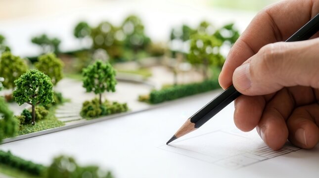 A designer creating a garden design and home landscape layout plan with selective focus.