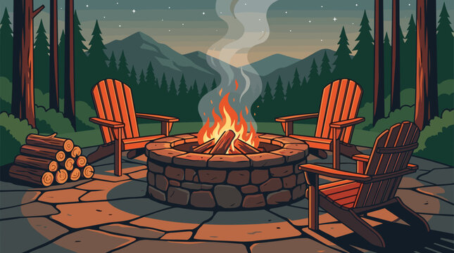 Night landscape vector illustration of a cozy stone fire pit with wooden chairs and firewood in the forest. Outdoor camping scene with mountains and stars.