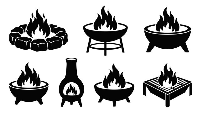 Black and white silhouette vector collection of various outdoor fire pit designs. Stone ring, chiminea, and metal bowls with burning flames isolated.