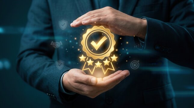Glowing quality certification badge with checkmark and stars symbolizing approval and compliance standards.