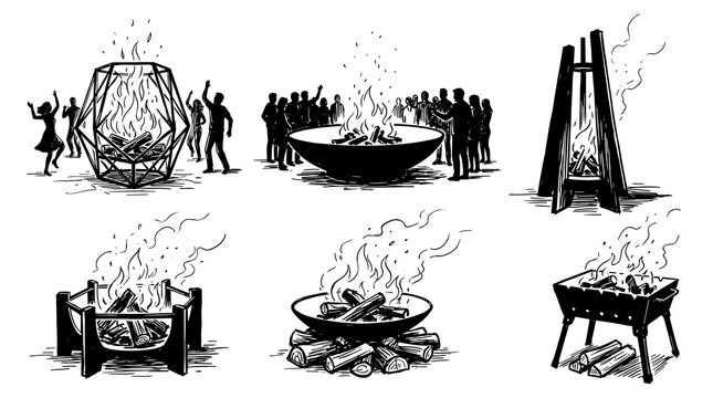 Hand drawn sketch vector set of modern and traditional outdoor fire pit designs. Black and white illustration of people gathering around burning firewood isolated on white.