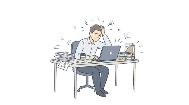 Hand Drawn Doodle Stressed Employee at Work, Deadline Pressure and Workload Concept Minimal Office Illustration