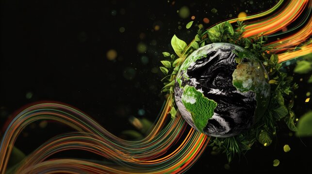 Earth's green renaissance: a visual ode to nature's renewal. Digital communication. World environment in bloom: a rich composition of nature's wonders. Social connections. Connected devices.