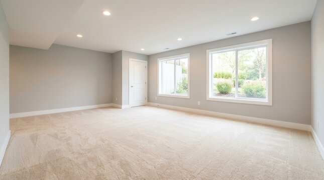 Interior view of a bright, newly finished basement with windows and recessed lighting.
