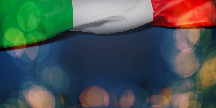 The wrinkled flag of Italy draped onto a flat dark blue surface with a bokeh light overlay and copy space for message in the middle