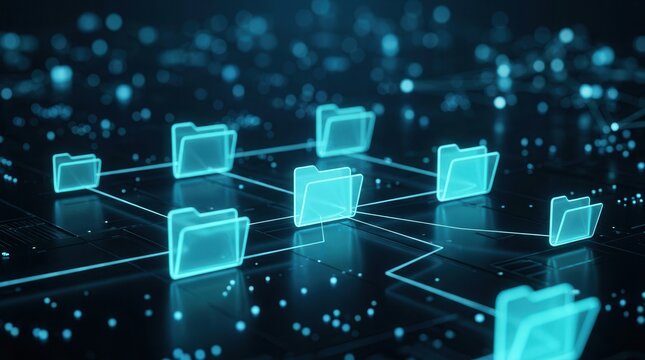 Information technology concept showing an abstract data structure with interconnected digital folders.