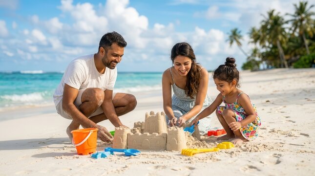 A happy Indian family of three playing with sand toys on a tropical beach during vacation.