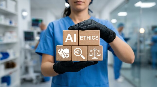 AI ethics and responsible artificial intelligence governance health care concept. Doctor holding blocks with icons sees the words AI ETHICS. Fair, safe, legal use of medical technology. new