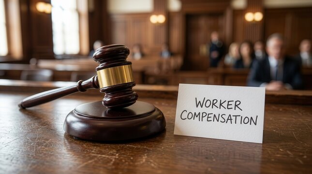 Occupational injury lawsuit concept with a courtroom gavel and worker compensation card.