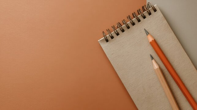 Spiral bound beige notebook with orange and wooden pencils on a clean minimal tan brown background.