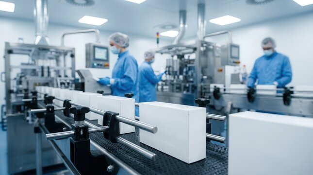 Automated production line in a pharmaceutical factory with workers supervising the sterile packaging process.