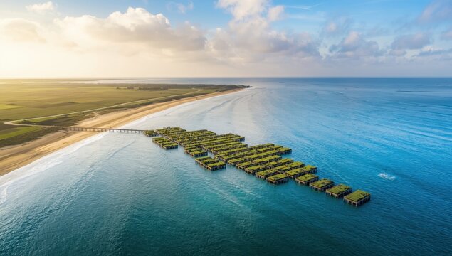 Bird's-eye view of classic mussel farming structures on the water.