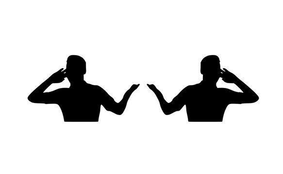 Black silhouette of man talking on phone, male figure holding hand to ear and gesturing, communication and conversation vector set