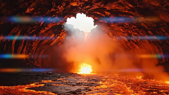 Cinematic wide shot of molten crimson lava flowing through volcanic cavern with volumetric light rays