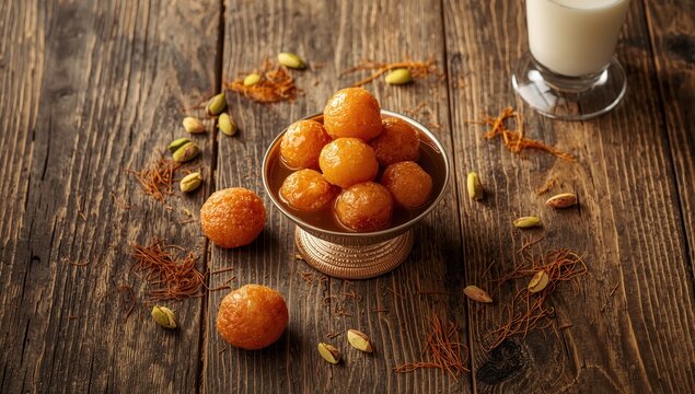 Bowl of Gulab Jamun on wood. Indian sweet treat.